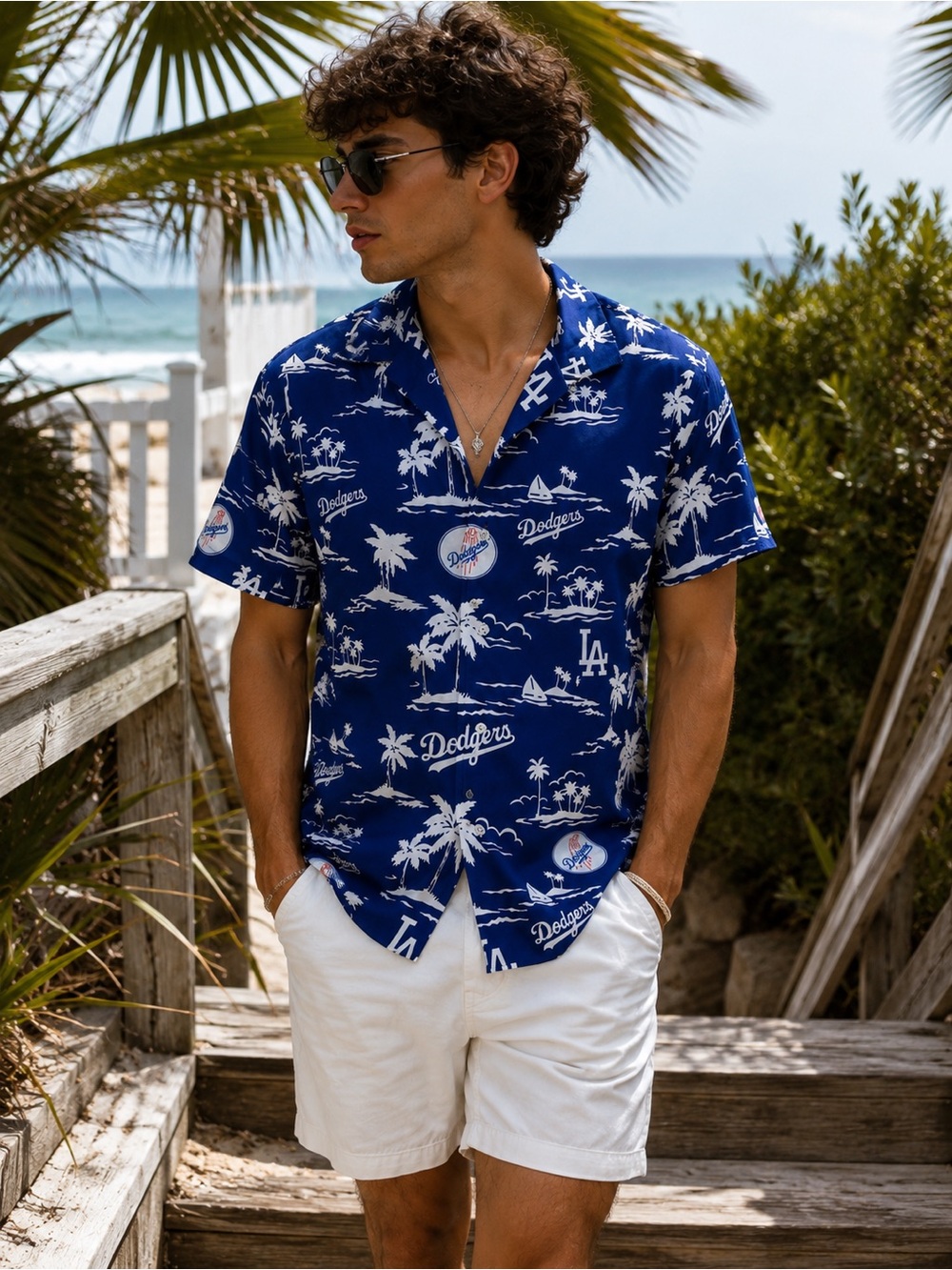 LA Dodgers Hawaiian Button Up Shirt Blue White Tropical MLB Small Beach